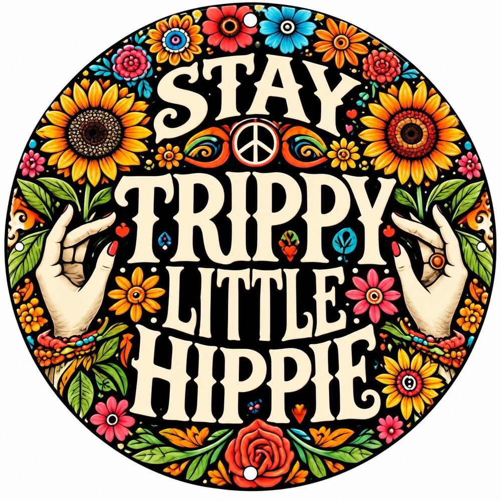 Stay Trippy Little Hippie Round Metal Sign Retro Boho Floral Wall Decor 8 Inch